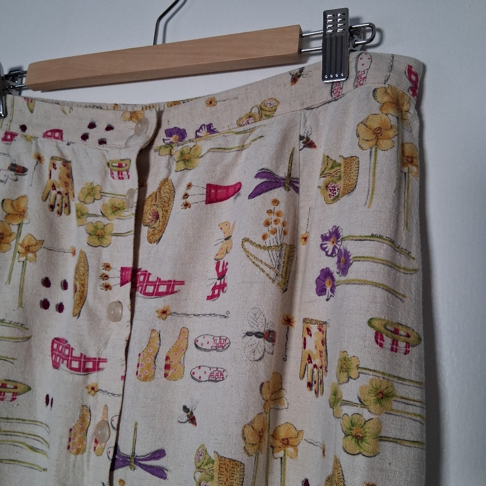 Vintage Skirt Printed Gardening Theme Linen blend Summer Retro - Picture 3 of 15